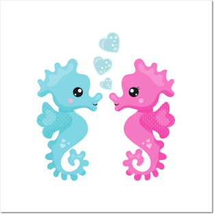 Cute Seahorses, Pink Seahorse, Blue Seahorse, Love Posters and Art